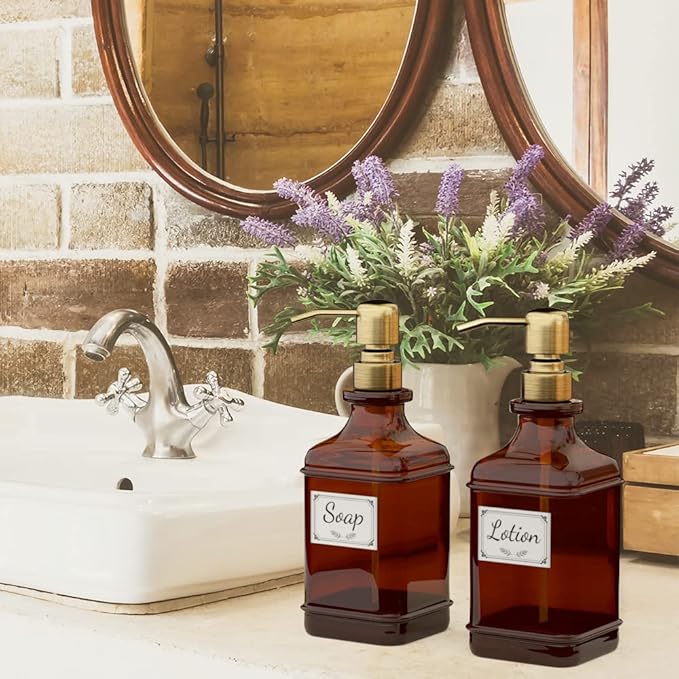 GLADPURE Soap Dispenser 2 Pack, Hand Soap Dispensers with 18 Oz Antique Design Thick Amber Glass Bottle, 316 Rust Proof Stainless Steel Pump, 6Pcs Stickers, for Lotion, Soap - Brushed Gold-NeatNest