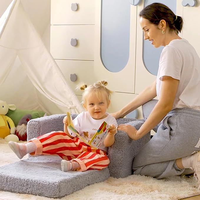 ALIMORDEN 2-in-1 Flip Out Cuddly Sherpa Toddler Couch, Convertible Sofa to Lounger, Grey-NeatNest