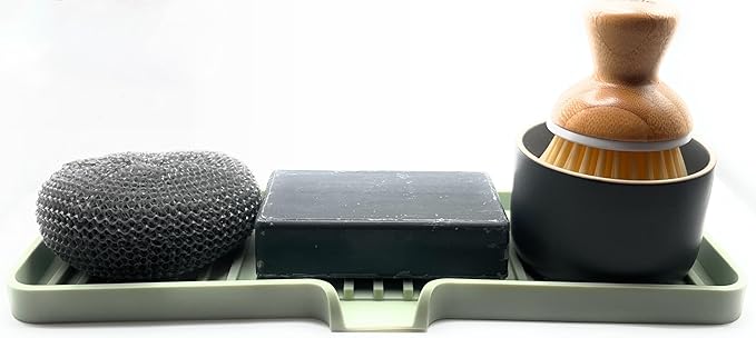 Happitasa Silicone Soap Dish Tray and Sponge Holder with Drain Chute | Bathroom and Kitchen Sink Organizer Caddy (Pistachio, 12"x4", 7.4 Ounces)-NeatNest