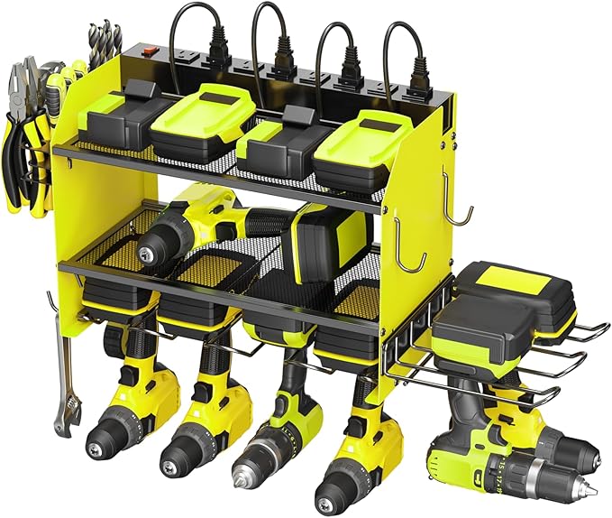CCCEI Modular Power Tool Organizer Wall Mount Charging Station, Green 6 Drills Holder with 8 Plug Power Strip 6FT, Garage Drill Battery Heavy Duty Metal Shelf, Utility Rack with Hooks, Side Storage.-NeatNest