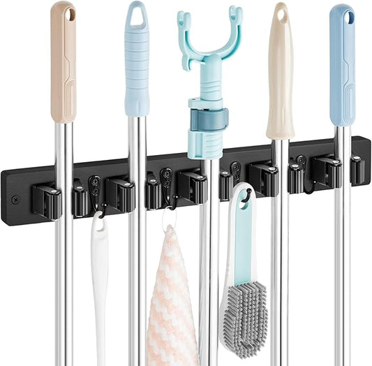 Mop and Broom Holder Wall Mount - Black Broom Mop Hanger - Wall Mounted Garden Tool Rack Organizer for Closet Garage Laundry Room Kitchen Decor With 5 Slots & 4 Hooks-NeatNest