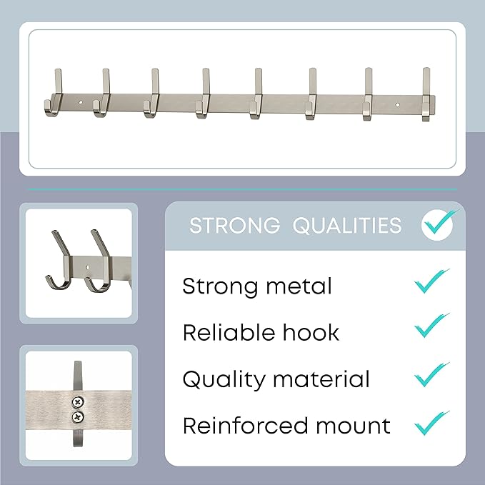 Coat Rack Wall Mount – Brushed Nickel 24 Inch Stainless Steel Hook Rail with 8 Heavy Duty Double Coat Hooks – Wall Mounted Coat Hanger for Entryway, Bathroom, Bedroom, Towel, Hat Organizer-NeatNest