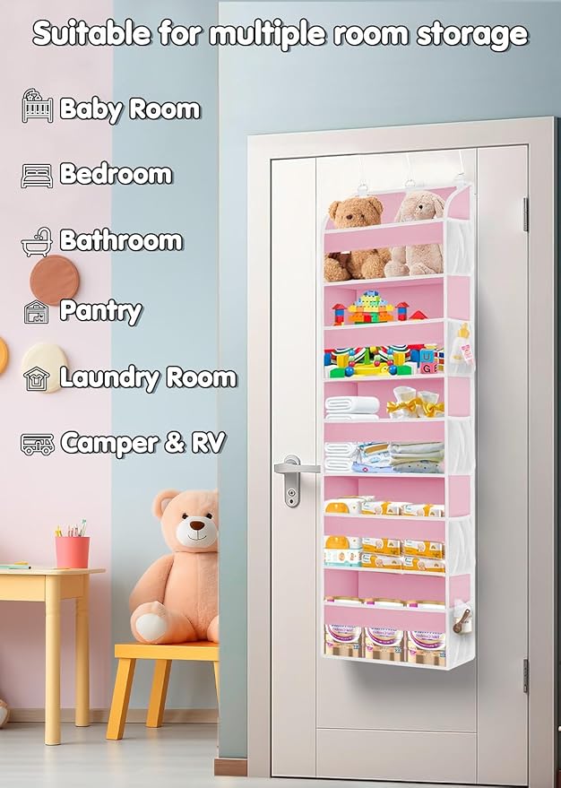 1 Pack Over The Door Storage Organizer with 5 Pockets 10 Mesh Pockets, 44 lbs Weight Capacity Door Hanging Organizers and Storage for Bedroom,Bathroom,Nursery,Kidroom,Babyroom-NeatNest