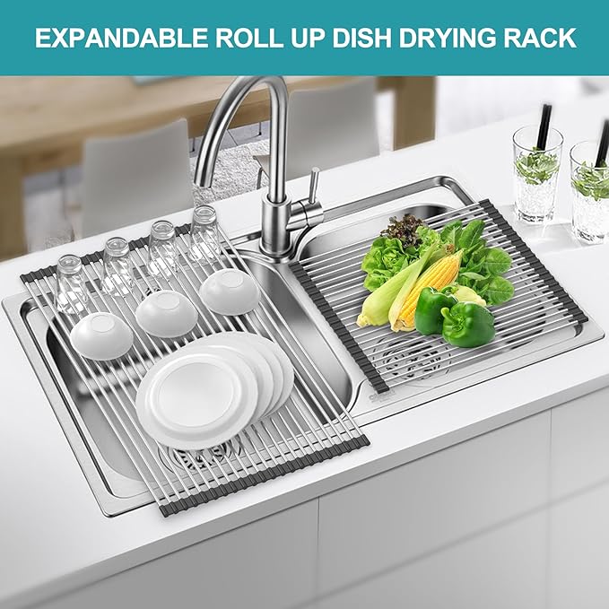 BBXTYLY Extra Large Expandable Roll Up Dish Drying Rack,Over The Sink Drying Rack Sink Cover Kitchen Sink Accessories Kitchen Rolling up Stainless Steel Drainer, Foldable,Rollable（Black，22.8''-17''）