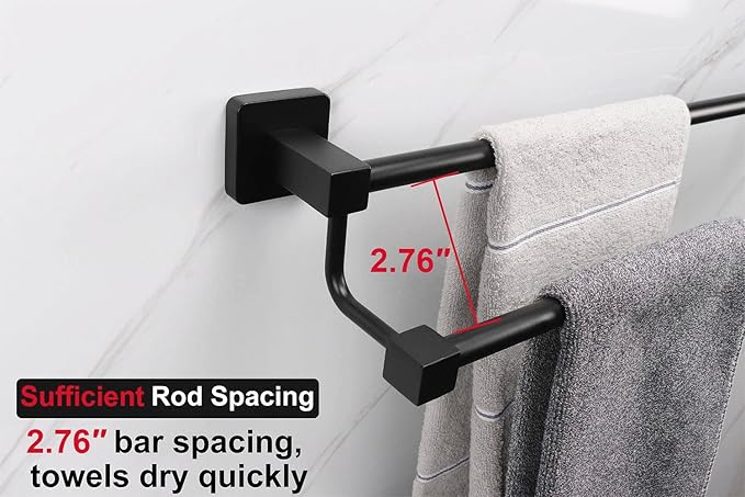 TocTen Double Bath Towel Bar - Thicken SUS304 Stainless Steel Towel Rack for Bathroom, Bathroom Accessories Double Towel Rod Heavy Duty Wall Mounted Square Towel Holder (Matte Black,30 INCH)