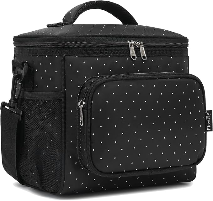 FlowFly Insulated Reusable Lunch Bag Adult Large Lunch Box for Women and Men with Adjustable Shoulder Strap,Front Zipper Pocket and Dual Large Mesh Side Pockets,Dot-NeatNest