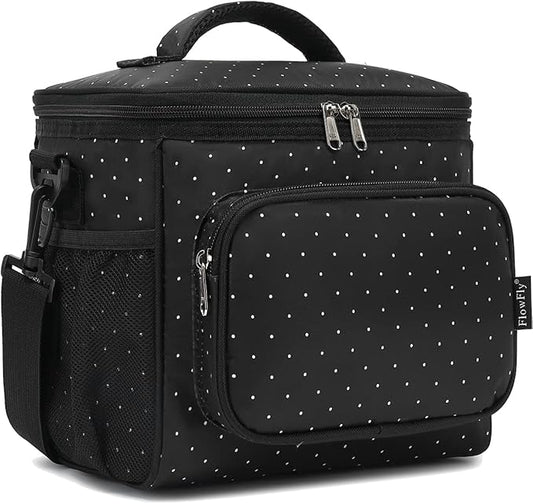 FlowFly Insulated Reusable Lunch Bag Adult Large Lunch Box for Women and Men with Adjustable Shoulder Strap,Front Zipper Pocket and Dual Large Mesh Side Pockets,Dot-NeatNest