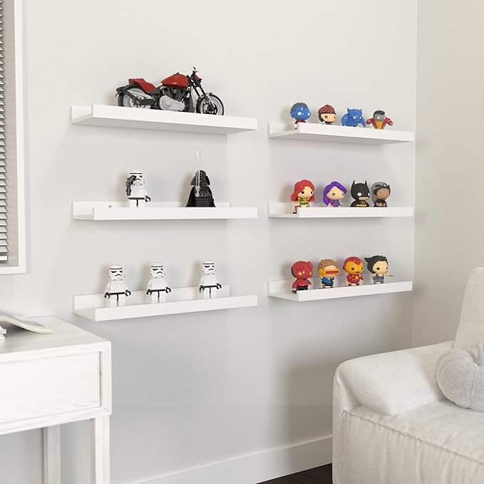 Floating Shelves Set of 6, White Wall Shelves with Lip, Display Shelves for Wall Decor, Modern Picture Ledge for Living Room, Bedroom, Nursery, Bathroom, Pictures, Books, Plants- White-NeatNest