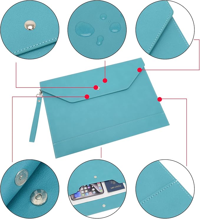 Wonderpool Envelope Case A4 PU Leather File Jacket Pocket Folder Document Case Bag with Removable Hand Strap and 4 Pocket for Documents Tablet Phone Stationery (Cyan)