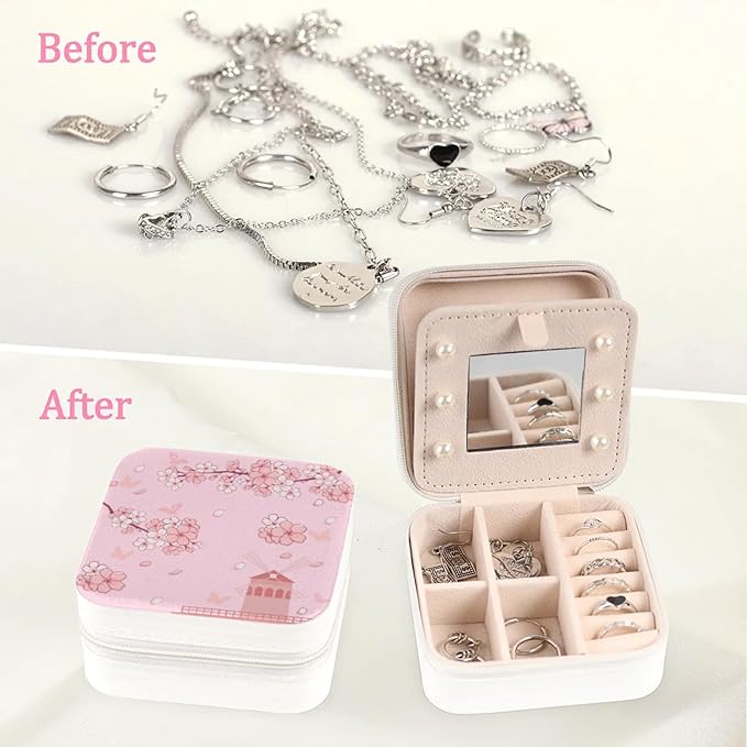 Cherry Blossom Travel Jewelry Organizer, Necklace Box with Mirror, Leather Mini Travel Jewelry Case, Best Present for Women's and Girls-NeatNest