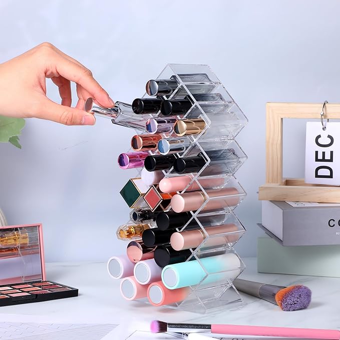 3 Pack Clear Lipstick Organier, Acrylic Lipstick Holder 28 Slots, Lip Gloss Organier, Stackable Fish Shape Lipstick Tower, Lipstick Display Case for Lipstick-NeatNest