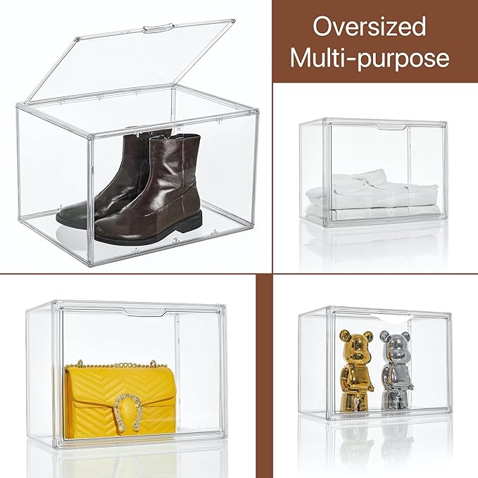 Attelite XXX-Large Clear Display Case Stackable Plastic Storage Bins with Lid, 2 Tiers Boot Shoe Box Organizers with an Adjustable Divider, Big Acrylic Display Storage Box with Magnetic Door