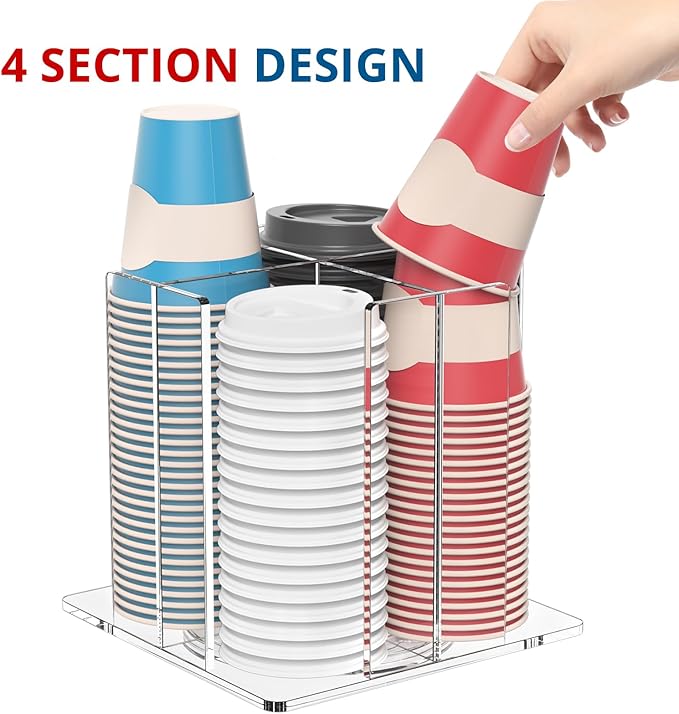 Cup and Lid Holder, 4 Compartment, Square | Rotating Coffee Cup Dispenser Lid Carousel for Restaurant, Buffet, Coffee Station, Bar, Countertop, Clear Acrylic-NeatNest