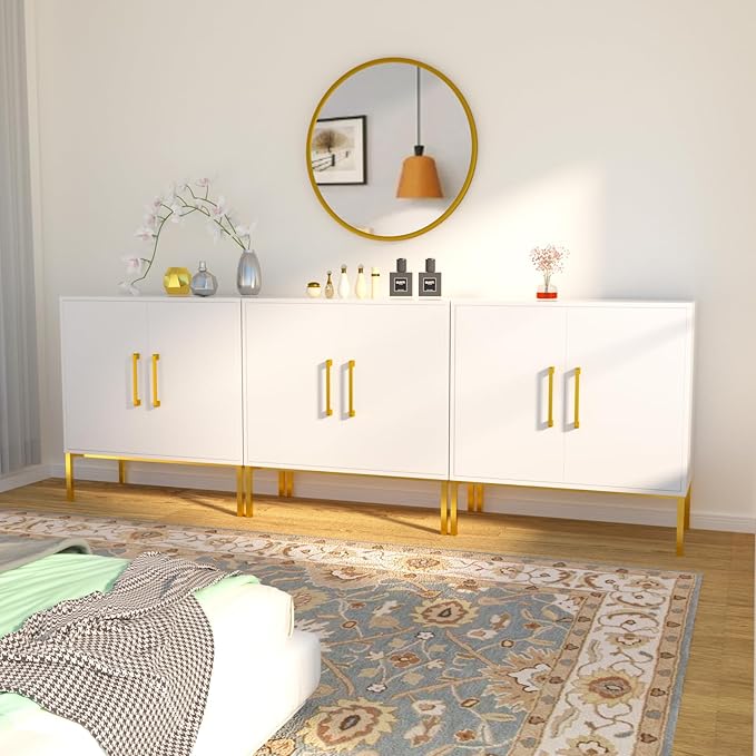 JOZZBY Buffet Sideboard Cabinet with Storage, Modern Wooden Cabinet with Adjustable Shelves, White and Gold Cabinets for Living Room, Kitchen, Hallway, Set of 3