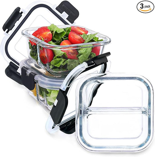 Bariatric Meal Prep Containers, 8 oz Bariatric Portion Control Food Storage Containers with Two 4 oz Compartments (3 Pack), Reusable Glass Snack Containers with BPA Free Airtight Lids