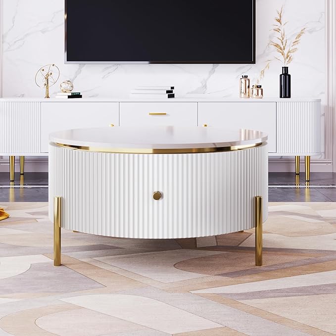 31.5" Round Coffee Table, Modern Coffee Table with 2 Large Drawers Storage, Marble Pattern Table Top, Accent Center Table for Living Room, White