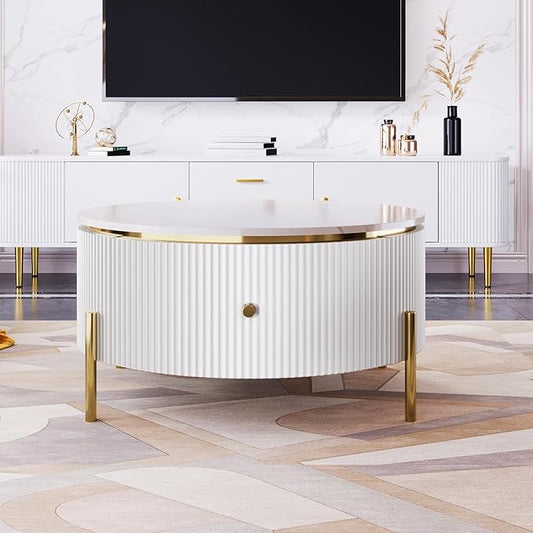 31.5" Round Coffee Table, Modern Coffee Table with 2 Large Drawers Storage, Marble Pattern Table Top, Accent Center Table for Living Room, White