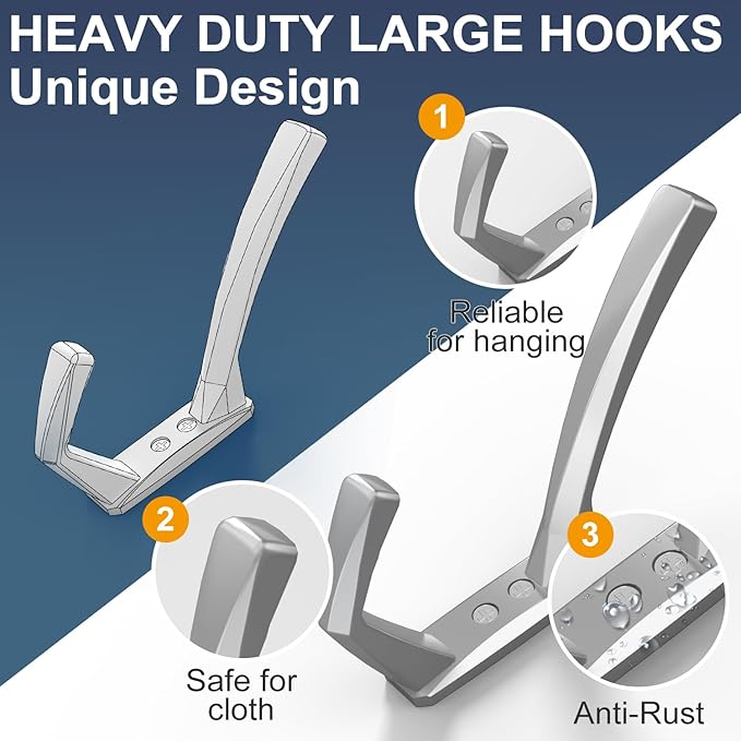 Heavy Duty Wall Hooks, 5.7 Inch Large Coat Hooks, 6 Packs Towel Hooks for Hanging in Bathroom, Bedroom, Entryway, Kitchen, etc (Silver, 4 Pack)