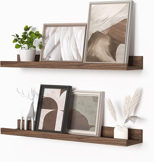 Heimlove Picture Ledge Shelf, Floating Shelves Set of 2, 24 Inches Picture Shelf for Wall with Ledge, Kids Bookshelf Wall Mounted for Living Room Bedroom Decor Books Photo Frames - Walnut-NeatNest