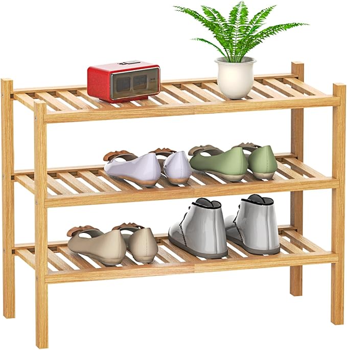 Shoe Rack 3-Tier Organizer-Stackable Storage Shelf with Multi-Function Combinations-Free Standing Bamboo Shoe Racks for Closet,Entryway,Hallway,Bathroom,Living Room Shoe Organization (Natural,3-Tier)-NeatNest
