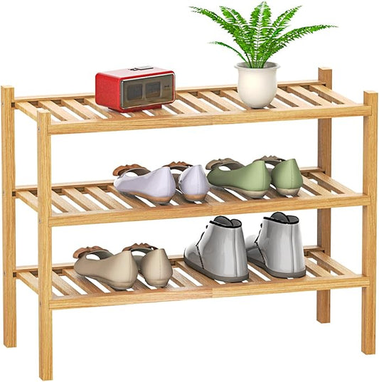Shoe Rack 3-Tier Organizer-Stackable Storage Shelf with Multi-Function Combinations-Free Standing Bamboo Shoe Racks for Closet,Entryway,Hallway,Bathroom,Living Room Shoe Organization (Natural,3-Tier)-NeatNest