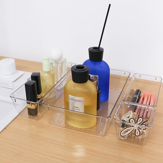 25 PCS Clear Plastic Drawer Organizer Set,Vanity Organizer Storage Bins Containers,4 Size Desk Drawer Organizer Tray-NeatNest