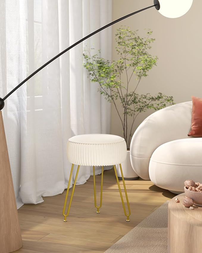 IBUYKE Velvet Round Footrest Stool Ottoman, Makeup Vanity Stool Side Table, Velvet Dressing Table Seat, Pouf Couch Stool, Golden Steel Legs, Creamy-White LG-30M