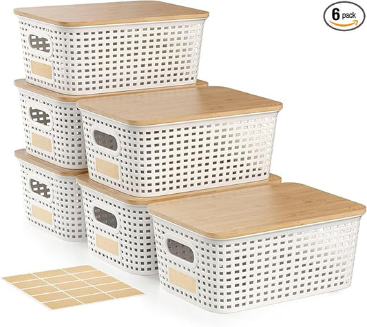 6-Pack Small 5 Qt Stackable Storage Bins with Bamboo Lids - Decorative Cute Plastic Baskets Boxes Containers with Labels for Organizing Shelves, Classroom, Closet, Desktop, Office-White-NeatNest