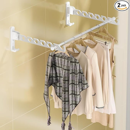 Dr.DJ Wall Mount Coat Hanger Holder White Clothes Drying Organizer Rack Garment Hooks Aluminium Retractable Folding Indoor Wall Mounted Hanger for Laundry Room Bedroom White 2Pack with 80cm Rod-NeatNest