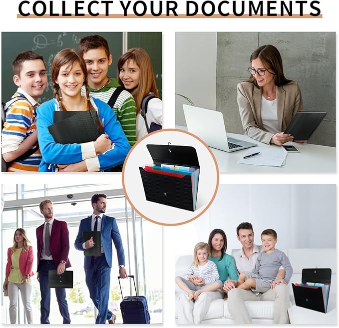 Expandable File Folders, Expanding Receipt Organizer, Accordion Folder File Folders, Important Document Organizer, Accordion Folder for Office/School/Home (Black Cover)