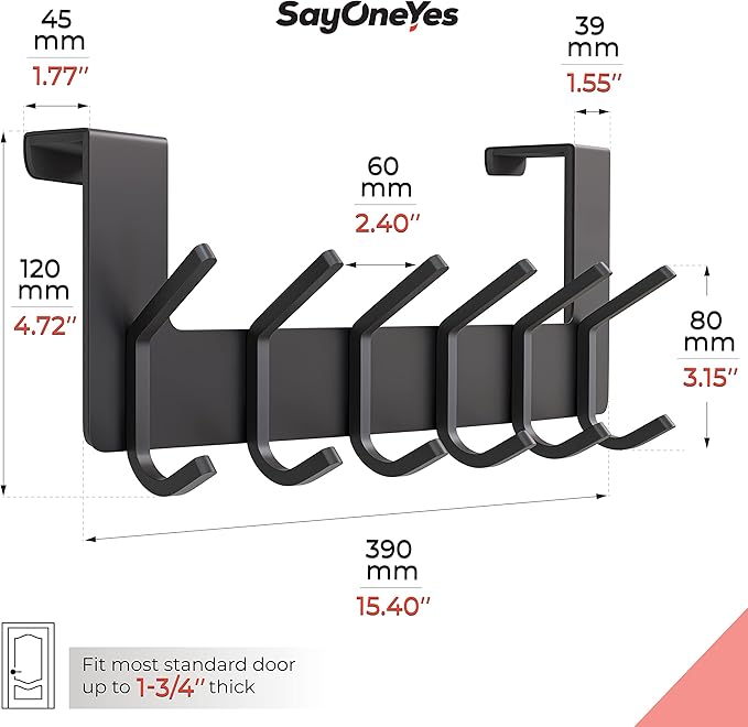 Matte Black Over The Door Hooks – Heavy Duty Stainless Steel Door Hanger with 6 Double Hooks for Hanging Towels, Coats, Robes, Hats, Bags – No Drill Over Door Towel Rack for Bathroom & Bedroom, 2 Pack
