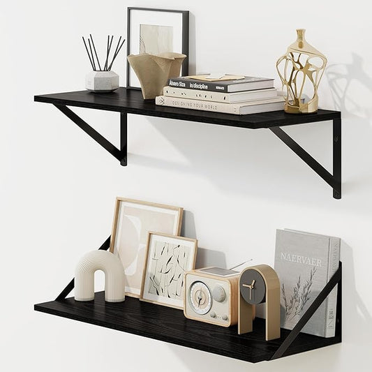 Fun Memories Deep Floating Shelves for Wall, 24W x 8D Wall Mounted Shelves Set of 2, Wide Display Ledge Shelf with Sturdy Metal Brackets for Living Room, Bathroom, Bedroom and Kitchen, Black-NeatNest