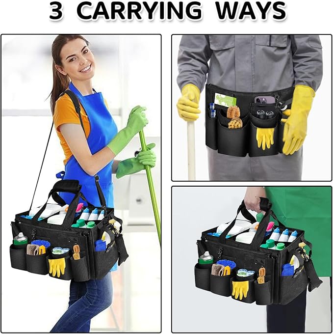Boczif Cleaning Caddy Bag Wearable, Cleaning Caddy Supplies Organizer with Handle, Shoulder Straps & Detachable Divide, Cleaning Tool Organizers Tote Bag for Cleaners & Housekeepers（Black）-NeatNest