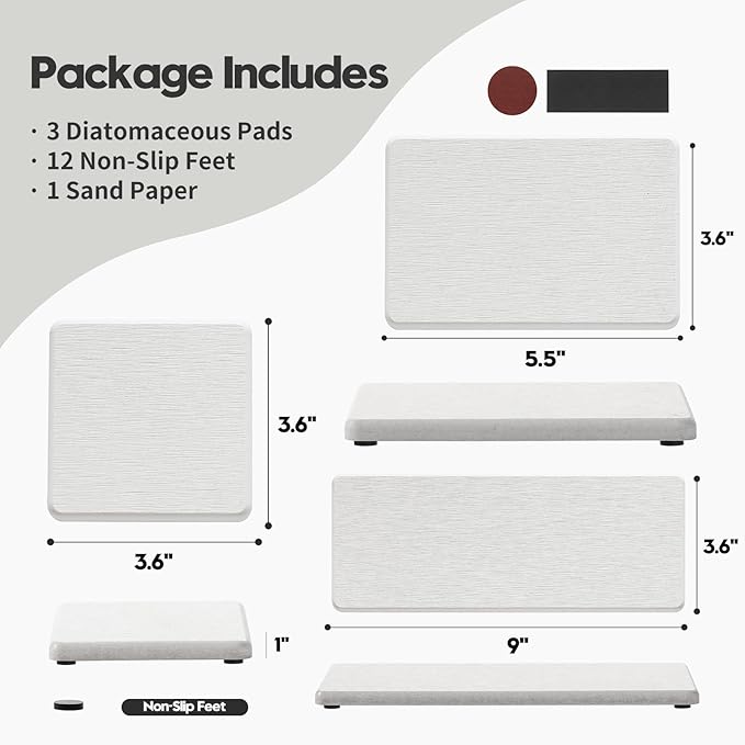 3PCS Bathroom Sink Vanity Trays, Quick Stone Drying Mat Dish Soap Dispenser Sponge Holder for Kitchen Counter, Diatomaceous Earth Water Absorbing Caddy Organizer, Beige-NeatNest