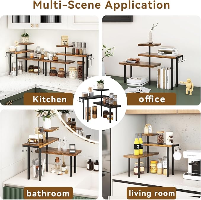 IBUYKE Countertop Organizer,3-Tier Spice Racks,Set of 2,Kitchen Counter Corner Shelf,4 Side Hooks,Adjustable Countertop Shelf for Kitchen, Bathroom, Coffee Bar, Cabinet, Desk,Rustic Brown,TLJ023H-2-NeatNest