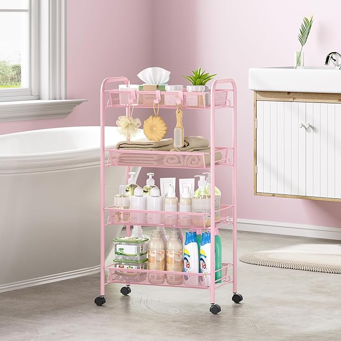 4-Tier Metal Utility Cart, Mesh Wire Rolling Cart on Wheels, Storage Trolley with Easy Assembly, Organizer Craft Cart 3 Hooks, Mobile Shelving Unit for Bathroom, Laundry Room, Home