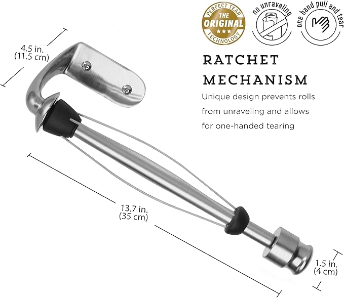 Kamenstein Perfect Tear Wall Mount Paper Towel Holder, Patented Design for One-Handed Use, Rounded Finial, 14-Inch, Brushed Silver Metal Finish