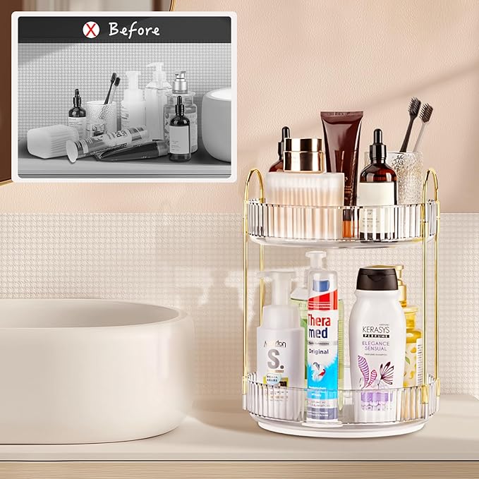 360 Rotating Makeup Organizer - Large Capacity Spinning Perfume & Cosmetic Skincare Holder for Countertop (Pearl White, 2 Tier)-NeatNest