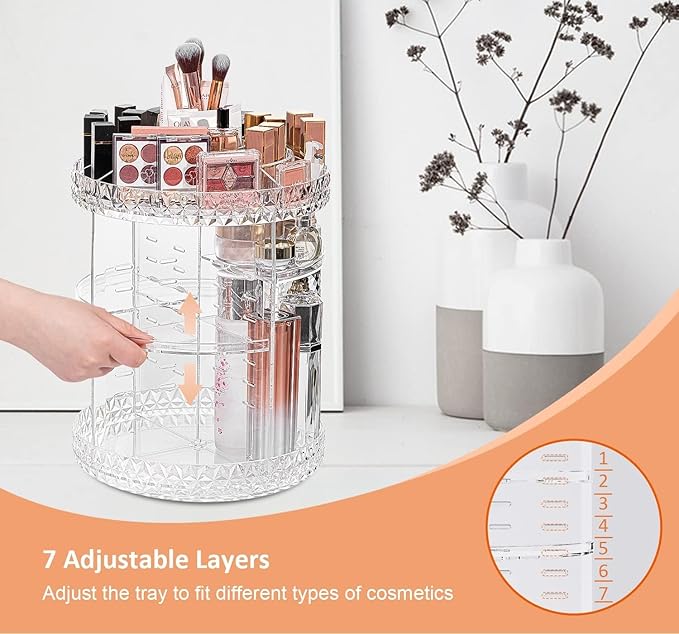 ZHIAI 360 Rotating Makeup Organizer, Large Capacity Cosmetics Organizer for Perfume Holder Organizer Countertop, DIY Adjustable Bathroom Makeup Carousel Holder Rack, Clear Diamond-NeatNest