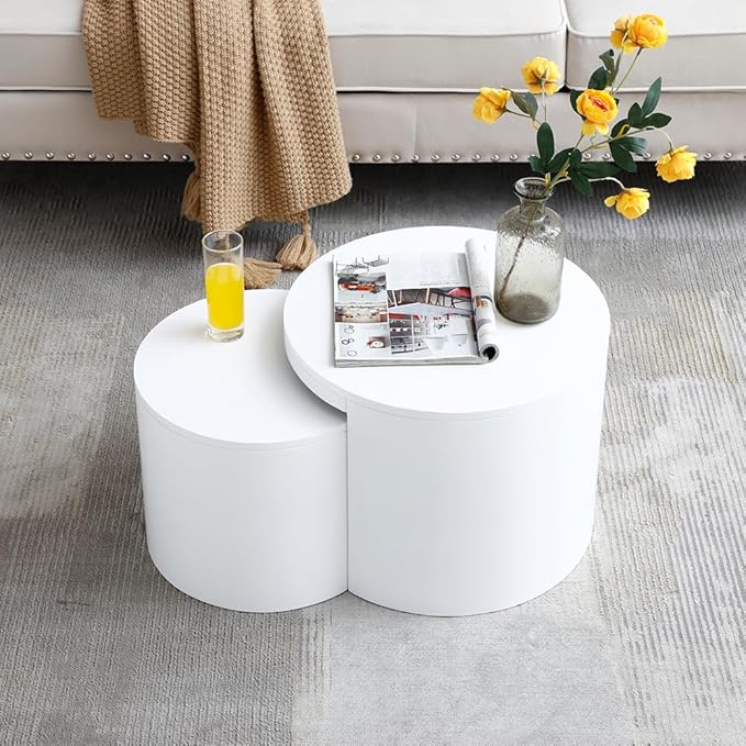 Nesting Coffee Table Set of 2, Small Coffee Table Round End Table Circle Side Table Wood Accent Tables for Small Spaces Living Room Bedroom Balcony Office, White