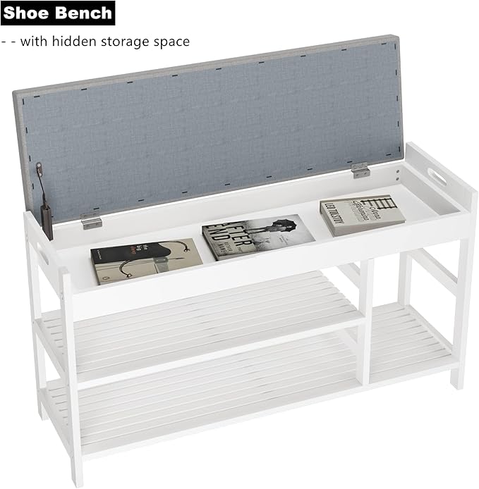 HIFIT Bamboo Shoe Bench Rack with Storage, Entryway Storage Bench with Padded Seat, Shoe Oiganizer Shelf for Entryway Mudroom Bathroom, White