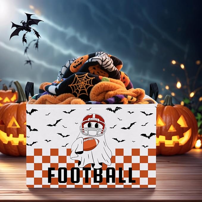 Halloween Basket Gift Cute Ghost Parties Decor Kid Trick or Treat Basket for Boys and Girls Rectangular Storage Bin Box (Football Bat)-NeatNest