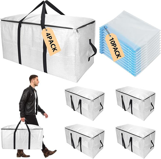 Extra Large Storage Bags Set Heavy Duty Moving Totes with Handles, Waterproof Dual-Way Carrying Design & Vacuum Space Bag (Transparent, 14 Park-4 Moving bag & 10 Vacuum Seal Bags)