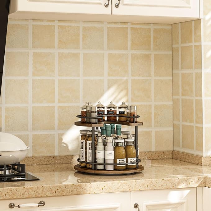 2 Tier Lazy Susan Organizer,2-Tier Spinning Spice Rack with Stable Carousel Base & 4 Height Settings for Cupboard Kitchen Countertop Dining Table Cupboard (Round)-NeatNest