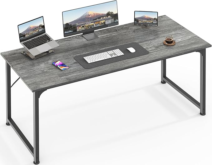 Huuger Computer Desk, 55 Inch Home Office Desk, Gaming Writing Work from Home Study Desk, Large Legroom, Sturdy Metal Frame, Modern Simple, Grey-NeatNest