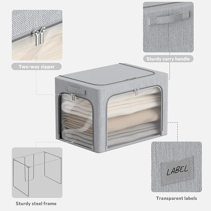 3 Openings Clothes Storage Bins Box - 3Pack Stackable Foldable Bin With Metal Frame - Clothing Organizer With Clear Window, Carry Handles (36L-15.7x11.8x11.8in, Light Grey)-NeatNest