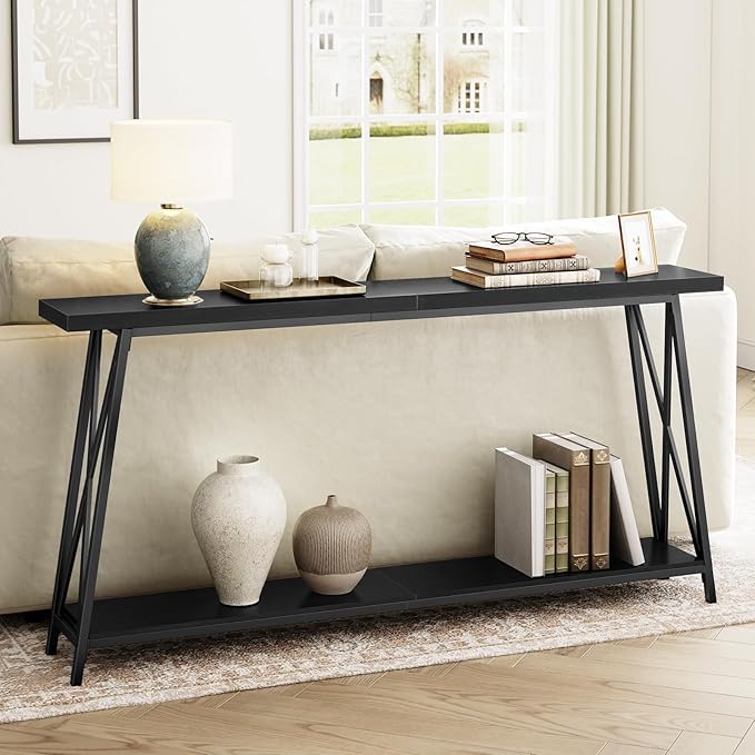 Console Table, 63" Industrial Entryway Table, Extra Long Sofa Table Behind Couch, X-Shaped Support, for Entryway, Hallway, Living Room, Black CTHB4801-NeatNest