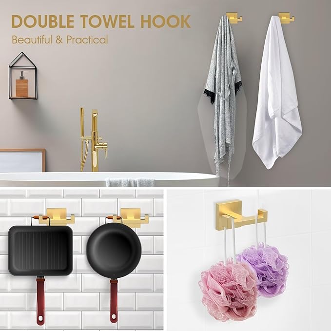 BOZWELL Double Towel Hooks for Bathroom Light Brushed Gold Wall Mount，2 Pack Modern Square Style Coat Robe Hook，Stainless Steel Heavy Duty Door Hanger for Bathroom Bedroom Kitchen Hotel Pool 1502-G-2