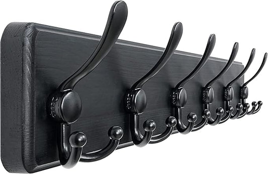 Dseap Coat Rack Wall Mounted - 24" Long 6 Tri Hooks, Heavy Duty Wooden Wall Coat Hanger Coat Hook for Clothes Hat Jacket Clothing, Black