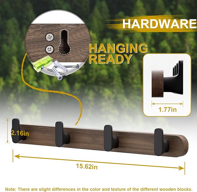 Coat Rack Wall Mount，Solid Walnut Wall Mounted Coat Rack with 4 Heavy Duty Wall Hooks for Hanging Coats，Backpacks，Towels，etc. Coat Hooks Wall Mount for Entryway, Bathroom,etc, Walnut+Black-NeatNest